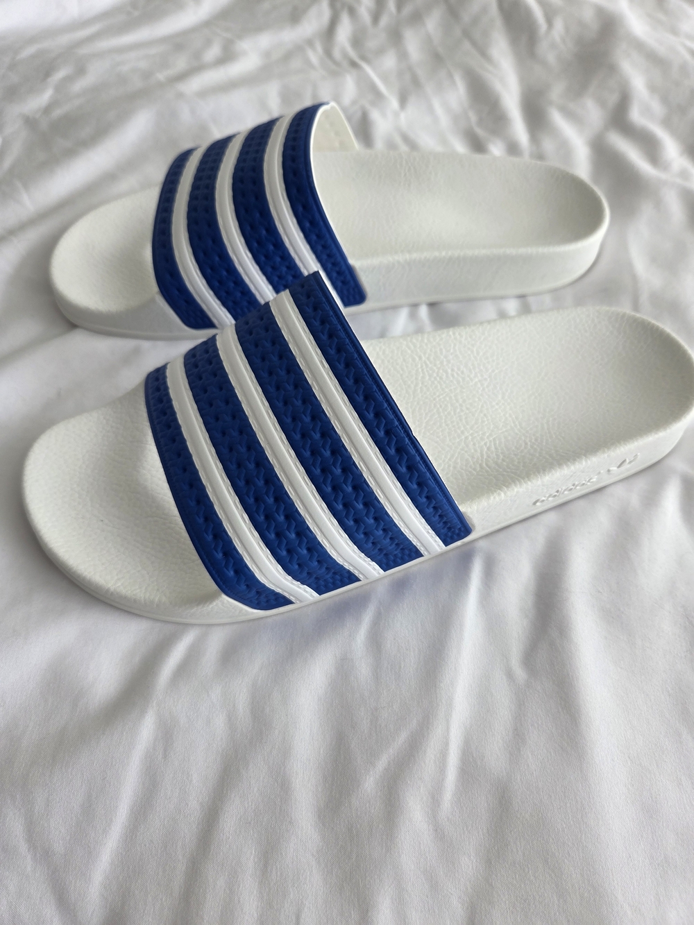 White Slide Sandals with Blue Striped Strap Mens Size 10 - SOLDOUT COLOR
